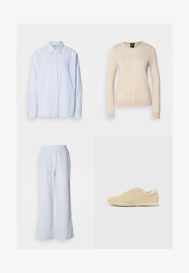 BOSS FERPINA - Striktrøje - light beige; Lyseblå stribet button-up skjorte med klassisk krave, lange ærmer og en afslappet pasform, med smalle vertikale striber i kontrasterende farver.; Lyseblå brede bukser med lodrette hvide og røde striber. Har en elastisk talje og sidelommer. Glat bomuldsagtig tekstur.; Beige ruskinds sneakers med snørebånd, struktureret overflade, kontrasterende gummisål og en let hæl. Minimalistisk stil med diskret branding.