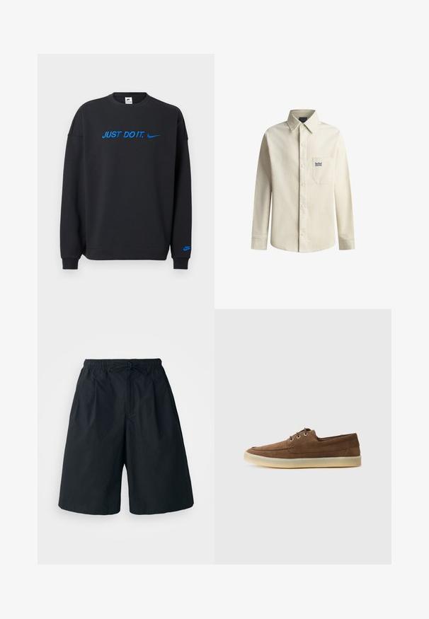Musta pehmeast kangast dressipluus sinise "JUST DO IT." tekstiga ja Nike logoga rinnal ning varrukal. Klassikaline ümmarguse kaelusega disain.; Heledubeige corduroy nööpidega särk, millel on krae, pikad varrukad ja rinnatasku, millel on sinine "Red Bull Racing" logo.; Mustad mustad, elastse vöökoha ja reguleeritava paelaga. Valmistatud siledast kangast, laheda lõikega ja ilma nähtavate mustriteta.; Pruunid nahast kingad, madala profiiliga, nööbitava disainiga, kummist tallaga ja kontrastsete õmblustega. Lihtne ja funktsionaalne stiil.