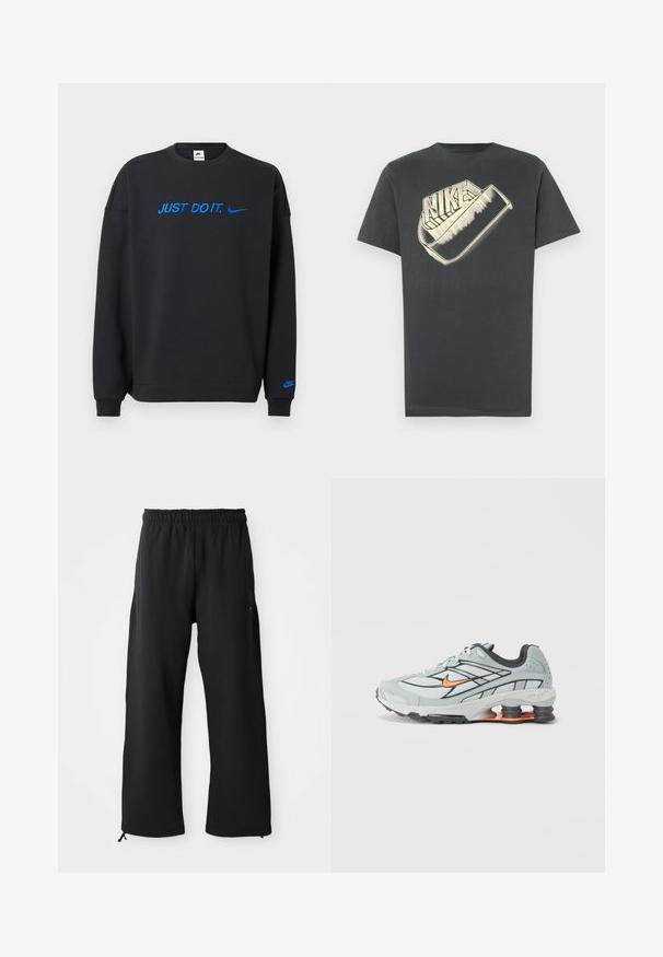 Musta pehmeast kangast dressipluus sinise "JUST DO IT." tekstiga ja Nike logoga rinnal ning varrukal. Klassikaline ümmarguse kaelusega disain.; Tumehall puuvillane T-särk ümar kaelusega. Ees on suur, stiliseeritud "Nike" logo heledamas toonis.; Mustad laiad mustad püksid pehmest kangast, millel on elastne vöökoht ja nöör, küljetaskud ning sile tekstuur.; Helehall jooksujalats mustade aksentide, oranži logoga, võrkkattega pealosa, pehmendatud krae ja kummist tallaga, millel on nähtavad lööke neelavad elemendid.
