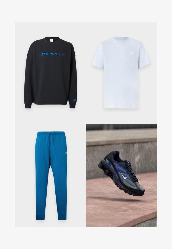 Sudadera negra de tela suave con texto azul "JUST DO IT." y logo de Nike en el pecho y la manga. Diseño clásico de cuello redondo.; Camiseta de algodón de color azul claro con mangas cortas, cuello redondo y un logo blanco de Nike impreso en el pecho izquierdo. Textura suave, diseño sencillo.; Pantalones deportivos azul con cintura elástica y cordón ajustable. Presenta un logo blanco en el muslo y puños ajustados en los tobillos.; Zapatilla deportiva negra y azul con un logo blanco, flotando sobre una superficie de piedra rosada con un fondo de concreto gris.