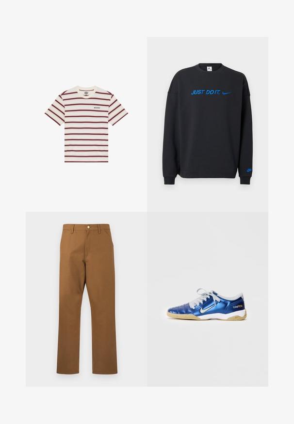 Sort sweatshirt lavet af blødt stof med blå "JUST DO IT." tekst og Nike-logo på brystet og ærmet. Klassisk rund hals.; Kortærmet T-shirt med vandrette maroon- og cremefarvede striber, med "Dickies" logo broderet på venstre bryst.; Herrebukser med lige ben i brunt med bæltestropper, sidelommer og frontknaplukning på hvid baggrund.; Blå syntetisk fodboldsko med en tekstureret overflade, hvide detaljer, grå snørebånd og en gummigummi sål. Har "total90" branding på hælen.