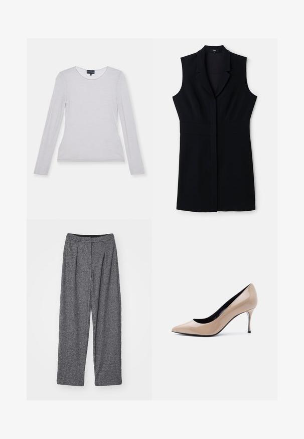 Langærmet, lysegrå bluse i et blødt stof med rund halsudskæring og tætsiddende design. Glat tekstur, ingen synlige mønstre eller accenter.; Sort ærmeløs blazer kjole med en skræddersyet pasform, der har en spids krave og en enkelt lukning foran. Glat stof og minimalistisk design.; Grå rutede bukser med høj talje, bred benvidde og plissee. Fremstillet af strukturstof med et monokrom mønster.; Beige laklæder peep-toe højhælet sko med smal stilet-hæl og sort inderfor på hvid baggrund.