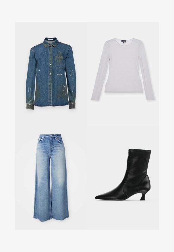 Haut à manches longues, gris clair, en tissu doux avec un col rond et une coupe ajustée. Texture lisse, sans motifs ni accents visibles.; Chemise en denim pour homme, bleue avec des taches de détérioration et des éclaboussures de peinture blanche, design à boutons, manches longues, poche poitrine et col pointu.; Jean large en denim bleu clair, avec une taille haute, un design à cinq poches, un lavage dégradé et un ourlet effiloché.; Botte mi-mollet en cuir noir avec bout pointu et petit talon kitten, vue de profil sur un fond clair uni.