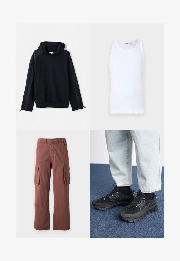 Pier One Sweatshirt - black; Hvid bomulds tanktop med rund hals og brede stropper. Glat tekstur, ingen mønstre, enkelt design og mærkeetiket på halsudskæringen.; Cargo bukser i en rustfarve, lavet af slidstærkt stof. Har store sidelommer, lige ben og knaplukning i taljen.; Sorte træningssko med tekstureret stof og gummisåler, udstyret med elastiske snørebånd og en blå detalje på hælen. Bæres med lyse denimbukser.