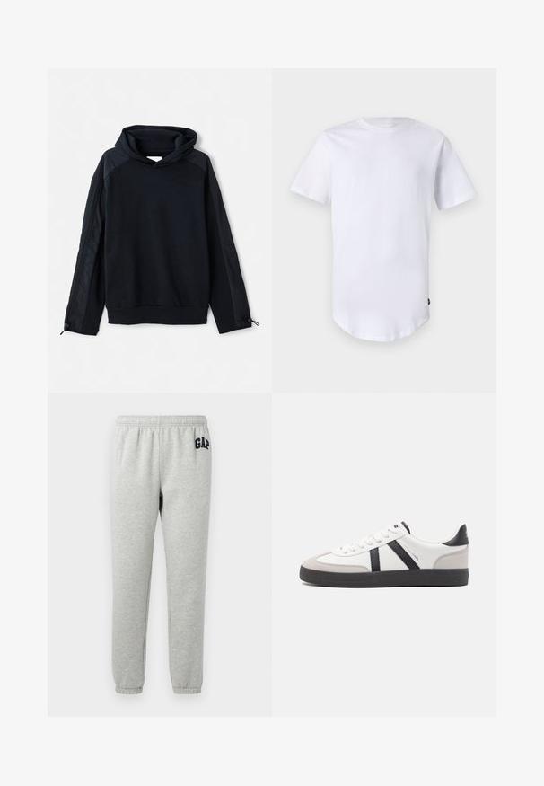 Pier One Sweatshirt - black; Weißes T-Shirt mit kurzen Ärmeln aus Baumwolle. Rundhalsausschnitt mit abgerundetem Saum. Etikett auf der unteren linken Seite sichtbar. Glatte Textur.; Graue Jogginghose mit elastischem Bund, abgeklebten Knöcheln und einem dunkelblauen "GAP"-Logo auf dem linken Oberschenkel. Weicher Baumwollmischstoff.; Weiße Sneaker mit schwarz- und grau-aczenten, ausgestattet mit einer strukturierten grauen Zehenkappe, schwarzer Gummi-Sohle und flachen weißen Schnürsenkeln. Sauberes Design, minimalistische Stil.