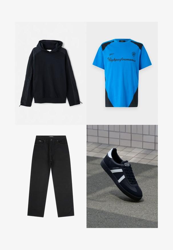 Pier One Sweatshirt - black; Replay SHORT SLEEVE GRAPHIC - T-Shirt print - azzurro; Schwarze Jeans mit geradem Bein, fünf Taschen, Knopfverschluss und Gürtelschlaufen, Größe 32.; Schwarze Leder-Sneaker mit weißen Streifen, strukturiertem Gummisohle und Schnürung. Verfügt über ein Markenetikett auf der Zunge.