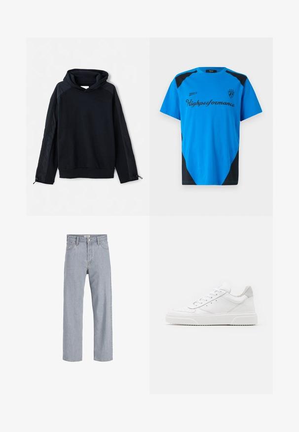 Pier One Sweatshirt - black; Replay SHORT SLEEVE GRAPHIC - T-shirt imprimé - azzurro; Jean en denim bleu clair avec une coupe décontractée,à jambe droite, coutures visibles, deux poches avant et fermeture par bouton.; Des baskets en cuir blanc avec une finition lisse, un bout rond, des lacets plats et une semelle texturée. Accents en daim gris au niveau du talon.