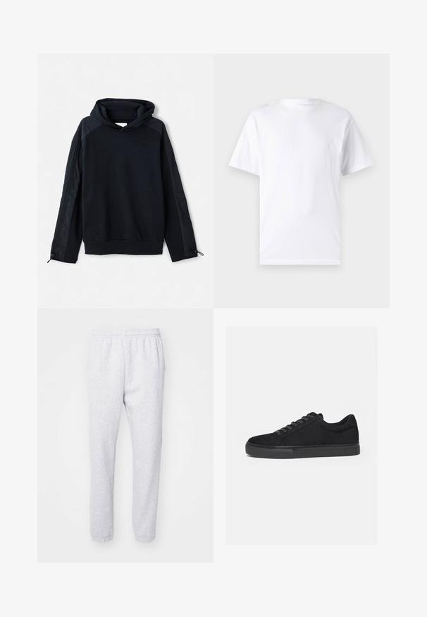 Pier One Pusa - black; Valge lühikeste varrukatega T-paita, mis on valmistatud puuvillast, laheda kaelusega. T-särk on sileda tekstuuri ja lihtsa disainiga, ilma mustrite või aksessuaarideta.; Heledad hallid spordipüksid, mis on valmistatud pehmest puuvillasegust, elastse vöökoha ja pahkluude juures pinguldavate mansettidega. Ilma nähtavate mustrite või logodeta.; Must madalate tossudega toss, eesnöörimine ja lame kummitald, näidatud küljelt valgel taustal.