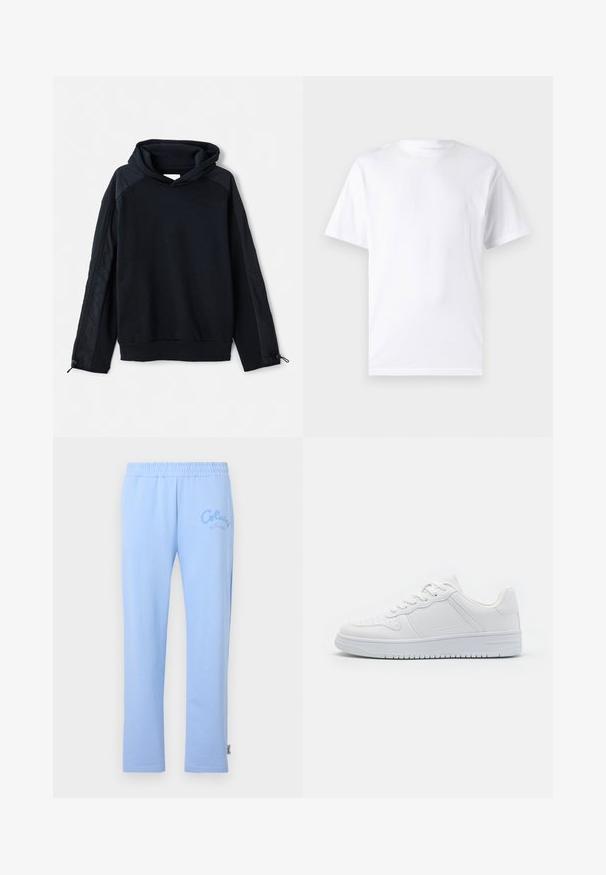 Pier One by Zalando Φούτερ - black; Λευκό κοντομάνικο μπλουζάκι από βαμβάκι με στρογγυλή λαιμόκοψη, διαθέτοντας λεία υφή και απλό σχέδιο χωρίς μοτίβα ή διακοσμήσεις.; Ανοιχτό μπλε βαμβακερές φόρμες με ελαστική μέση. Περιέχει κεντητό λογότυπο "Colucci" στην αριστερή πλευρά και σχεδίαση ευθείας γραμμής.; Λευκά αθλητικά παπούτσια από λείο συνθετικό υλικό, με επίπεδους κορδόνια, τρυπητή μύτη και καουτσούκ σόλα με υφή αντιολισθητικού σχεδίου.