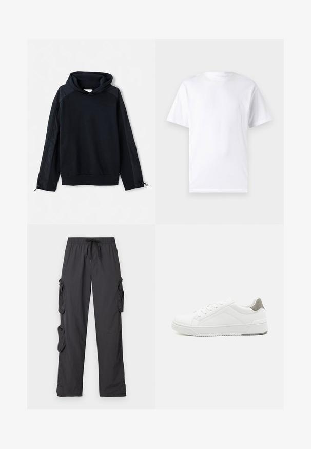 Pier One by Zalando Pusa - black; Valge lühikeste varrukatega T-paita, mis on valmistatud puuvillast, laheda kaelusega. T-särk on sileda tekstuuri ja lihtsa disainiga, ilma mustrite või aksessuaarideta.; Mustad mustad püksid, mis on valmistatud kergest kangast, elastse vöökohaga, reguleeritava stringiga, mitme külgtaskuga ja mansettidega hemidega.; Valge tenniseking sileda nahaga, ümar varvas, minimalistlik disain, hall kand, ja tekstureeritud kummist tald.