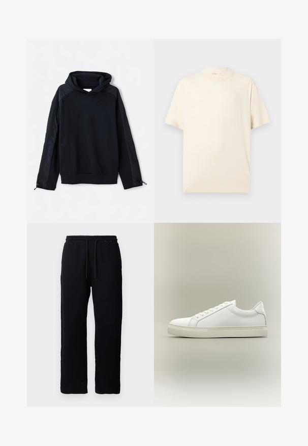 Pier One by Zalando Φούτερ - black; Απλό μπεζ μπλουζάκι με κοντά μανίκια και στρογγυλή λαιμόκοψη, απλωμένο επίπεδα σε ανοιχτό γκρι φόντο.; Μαύρα φόρμας από βαμβάκι, με ελαστική μέση και κορδόνια, ίσια γραμμή και χωρίς εμφανή σχέδια ή λεπτομέρειες.; Λευκό sneaker χαμηλού τύπου με κορδόνια μπροστά και χοντρή σόλα, εμφανίζεται από το πλάι σε ουδέτερο φόντο.