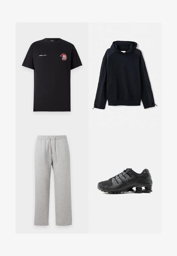 Pier One by Zalando Sudadera - black; Replay SHORT SLEEVE GRAPHIC - Camiseta estampada - black; Pantalones de chándal de algodón gris con cintura elástica y cordón. Diseño de pierna recta con dobladillos cosidos y sin bolsillos.; Zapatilla deportiva negra con parte superior texturizada, cierre de cordones y distintivo soporte de suela tipo resorte visible sobre un fondo blanco.