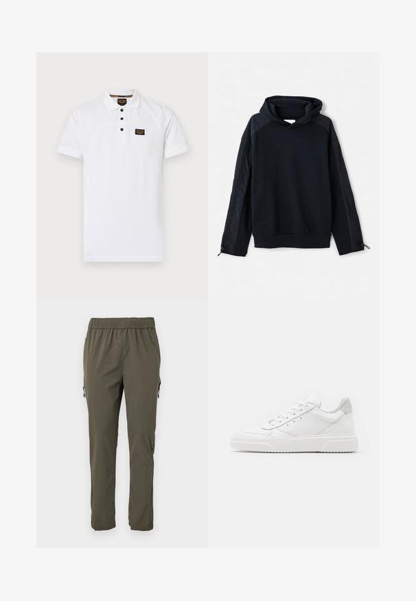 Pier One by Zalando Sweater - black; Witte polo shirt gemaakt van gestructureerd katoen, met een drieknops sluiting, korte mouwen en een zwart logo op de borst.; Olijfgroene, lichte broek met een elastische tailleband en twee ritszakken aan de zijkant. Smalle pasvorm met een zachte textuur.; Witte leren sneakers met een gladde afwerking, ronde neus, platte veters en een gestructureerde zool. Grijze suède accent bij de hiel.