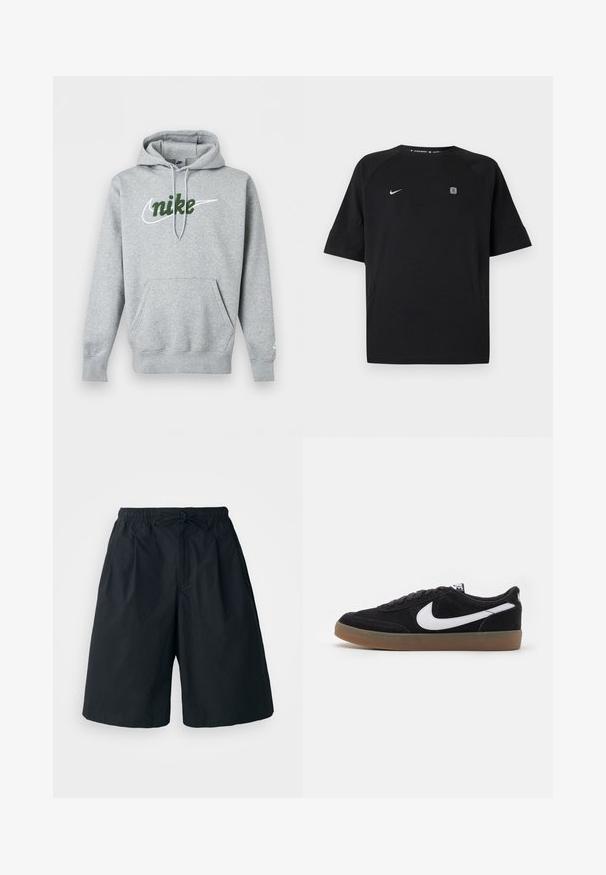 Sudadera con capucha gris claro de Nike con bolsillo frontal, capucha con cordón ajustable y logotipo verde bordado sobre un swoosh blanco en el pecho.; Camiseta deportiva negra de manga corta Nike con logo swoosh blanco en el pecho izquierdo y pequeño emblema cuadrado en el pecho derecho, fondo liso.; Pantalones cortos negros con cintura elástica y cordón ajustable. Hechos de una tela suave, con un corte holgado y sin patrones visibles.; Zapatillas de skate de ante negro con el logotipo de Nike en blanco, puntera redonda y suela de goma. Presentan un diseño con cordones planos y un collar acolchado.
