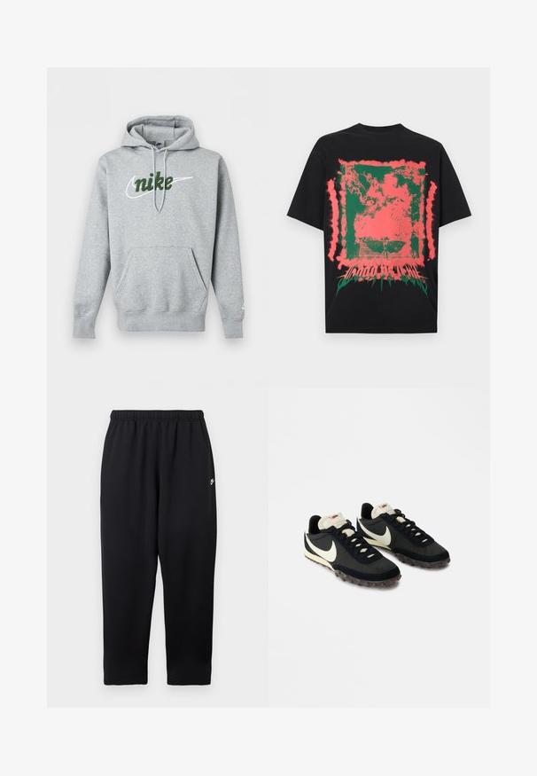 Φωτεινό γκρι φούτερ Nike με μπροστινή τσέπη, ρυθμιζόμενη κουκούλα με κορδόνι και πράσινο κεντημένο λογότυπο πάνω από λευκό σήμα Swoosh στο στήθος.; Μαύρο μπλουζάκι με αφηρημένο πράσινο και ροζ τετράγωνο σχέδιο με πιτσιλιές και παραμορφωμένο κείμενο στο κάτω κέντρο.; Μαύρο παντελόνι φόρμας με ελαστική μέση, με μικρό λευκό λογότυπο στην αριστερή πλευρά. Κατασκευασμένο από απαλό, ελαφρύ ύφασμα. Σχεδιασμός με ίσια γραμμή στα πόδια.; Μαύρα αθλητικά παπούτσια με υφή στο επάνω μέρος, λευκό λογότυπο swoosh και καουτσούκ σόλα με μικρά καρφιά για πρόσφυση. Κρέμα χρώματος κολάρο.