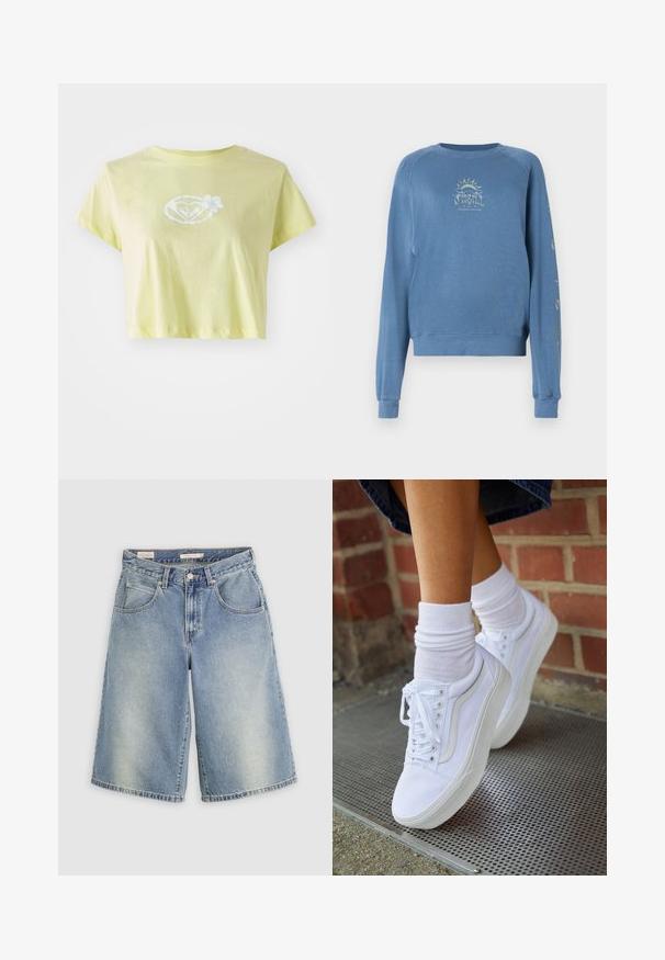 Blauwe crewneck sweater gemaakt van zachte stof. Het heeft een grafisch ontwerp op de voorkant met tekst en zonmotieven op de mouwen.; lichtgele cropped T-shirt van katoen. Beschikt over een witte bloemenafbeelding in het midden van een hartvorm aan de voorkant.; Lichtblauwe denim knielange shorts met voorste knoop, ritssluiting, riemlussen en zijzakken op een effen achtergrond.; Witte canvas sneakers met rubberen zolen, voorzien van zes vetertjes, een ronde neus en lichte stikdetails, gecombineerd met witte enkelsokken.