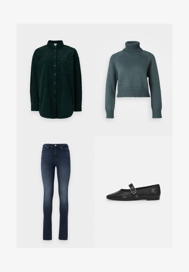 Vero Moda Petite VMMIRANDA - Pullover - balsam green; Chemise en velours côtelé vert foncé avec un col boutonné, une poche avant et des manches longues, dotée d'un tissu texturé et d'une coupe classique.; Jean en denim délavé foncé avec une coupe ajustée, taille haute, design à cinq poches et fermeture à bouton en métal. Texture lisse avec un léger dégradé.; Chaussure plate en cuir noir avec un bout arrondi, une seule sangle réglable à boucle et une texture lisse et brillante. Design minimaliste avec un petit talon.