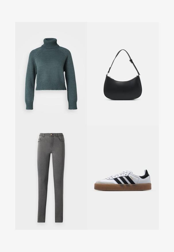 Vero Moda Petite VMMIRANDA - Striktrøje - balsam green; Grå denim skinny jeans med en tætsiddende pasform, fem lomme stil og en enkelt metalknaplukning i taljen.; Hvide lædersneakers med sorte striber, gummirubber sål, rund tå, snørelukning og blød grå ruskinds tåhætte.; Pieces PCALUANA SHOULDER BAG - Håndtasker - black