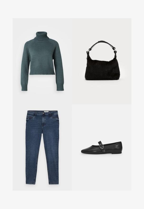 Vero Moda Petite VMMIRANDA - Jersey de punto - balsam green; Jeans de mezclilla azul oscuro con un corte ajustado, diseño de cinco bolsillos y costuras doradas. Presenta un cierre de cremallera y botón. Textura suave.; Zapato plano de cuero negro con punta redondeada, una sola correa ajustable con hebilla y una textura suave y brillante. Diseño minimalista con un tacón bajo.; Bolso de mano de piel sintética negra con una textura suave, forma redondeada y una resistente correa de cuero negro para el hombro. Acentos de herrajes plateados visibles.