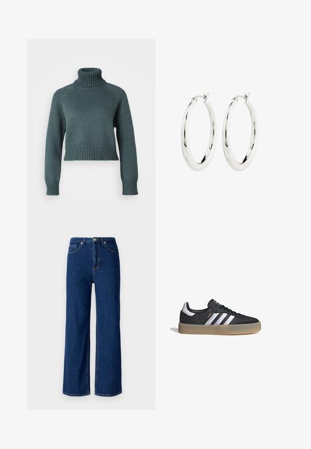 Vero Moda Petite VMMIRANDA - Jersey de punto - balsam green; Pantalones vaqueros de pierna ancha en azul oscuro, con un diseño clásico de cinco bolsillos, costuras sutiles y un cierre de botón metálico en la cintura.; Zapatilla deportiva de cuero negro con tres rayas plateadas, punta texturizada y suela de goma. Cuenta con un collar acolchado y un diseño con cordones.; Pendientes de aro de plata con un acabado suave y brillante. Forma circular, con un cierre seguro. Diseño sencillo y elegante.