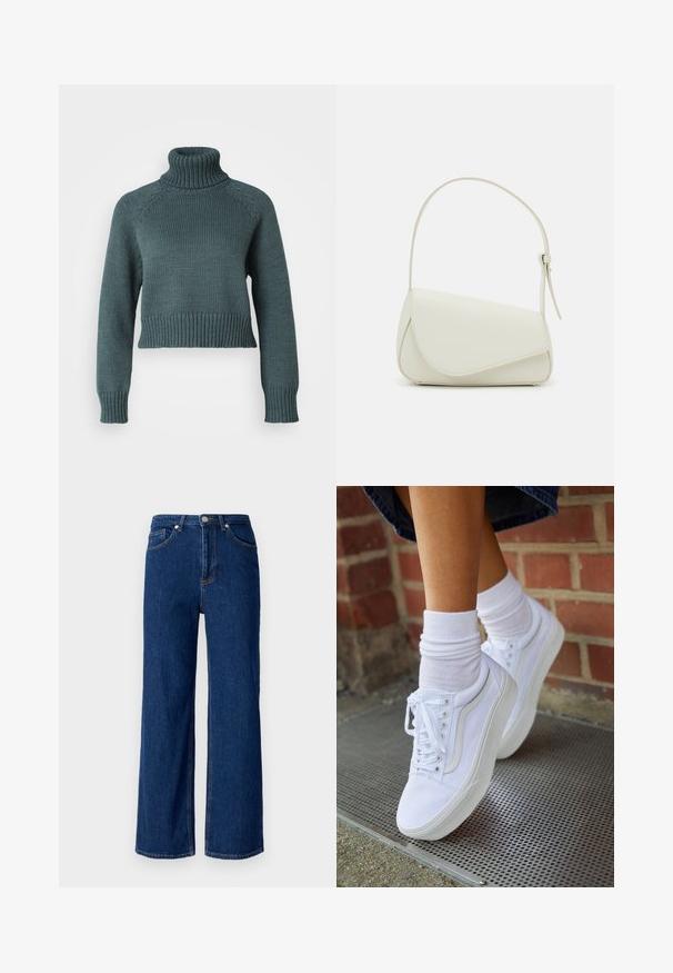Vero Moda Petite VMMIRANDA - Jersey de punto - balsam green; Pantalones vaqueros de pierna ancha en azul oscuro, con un diseño clásico de cinco bolsillos, costuras sutiles y un cierre de botón metálico en la cintura.; Zapatillas de lona blancas con suelas de goma, que presentan seis ojales, puntera redonda y detalles de costura ligera, combinadas con calcetines blancos hasta el tobillo.; Bolso de mano de imitación cuero blanco con una forma triangular estructurada, correa ajustable única y cierre con solapa acentuada en curva.