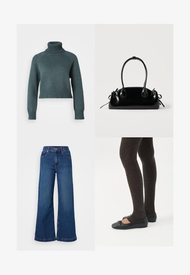 Vero Moda Petite VMMIRANDA - Svetrík - balsam green; Široké džíny z denimu v tmavomodrej farbe, s vysokým pásom, päťvreckovým dizajnom a manžetami. Hladká textúra s jemnými stehmi.; Nohy v tmavých pásikavých legínach v kombinácii s čiernymi balerínkami s malými mašličkami na bielom pozadí.; Malá čierna lesklá kabelka s dvoma dlhými rúčkami a bočnými šnúrkovými detailmi na jednoduchom svetlom pozadí.