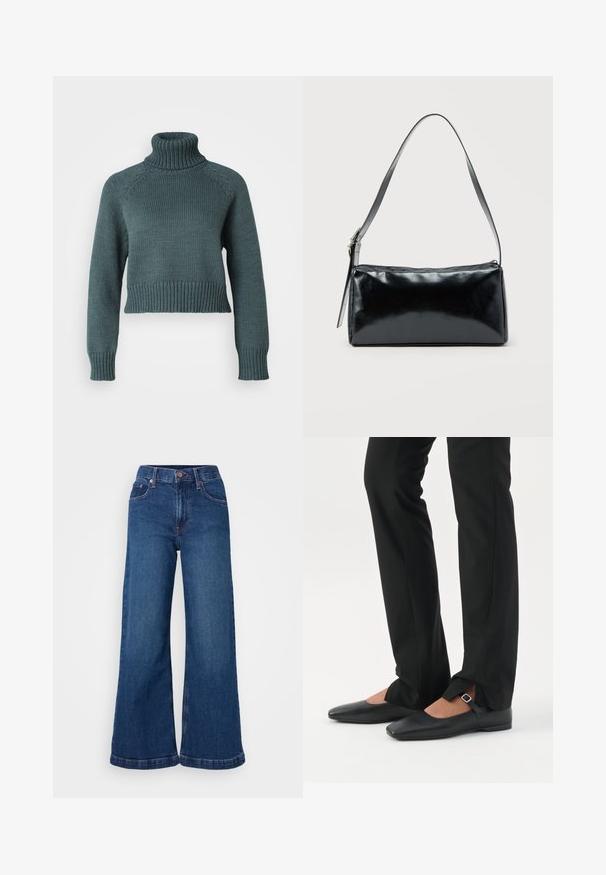 Vero Moda Petite VMMIRANDA - Svetrík - balsam green; Široké džíny z denimu v tmavomodrej farbe, s vysokým pásom, päťvreckovým dizajnom a manžetami. Hladká textúra s jemnými stehmi.; Nohy v čiernych priliehavých nohaviciach s prednými rozparkami na leme, v kombinácii s čiernymi plochými topánkami Mary Jane s malým prackovým remienkom.; Čierna obdĺžniková kabelka na rameno s jedným nastaviteľným remienkom a horným zipsom na jednofarebnom pozadí.