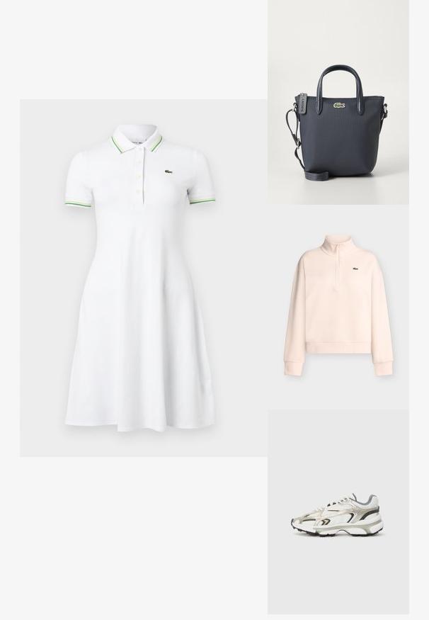 Sweat-shirt rose clair à manches longues avec col montant zippé et petit logo crocodile vert sur la poitrine gauche.; Robe polo blanche à manches courtes avec col et poignets rayés verts, patte de boutonnage et petit logo crocodile vert sur la poitrine.; Baskets volumineuses en blanc, gris et argent métallique avec des panneaux texturés. Comprend une épaisse semelle en caoutchouc noir et un design d'overlay distinctif.; Sac à main bleu marine en tissu texturé, avec deux poignées supérieures et une bandoulière détachable. Il présente un petit logo Lacoste et une fermeture éclair.