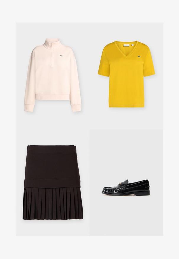 Sweat-shirt rose clair à manches longues avec col montant zippé et petit logo crocodile vert sur la poitrine gauche.; T-shirt jaune à manches courtes en V avec petit logo crocodile vert sur la poitrine gauche, présenté sur un fond gris plat.; Jupe noire avec une large ceinture et une partie inférieure plissée, étalée à plat sur un fond blanc.; Mocassins en cuir noir avec un bout arrondi, des coutures décoratives et un petit accent doré sur le dessus. Semelle en caoutchouc plate, design épuré.