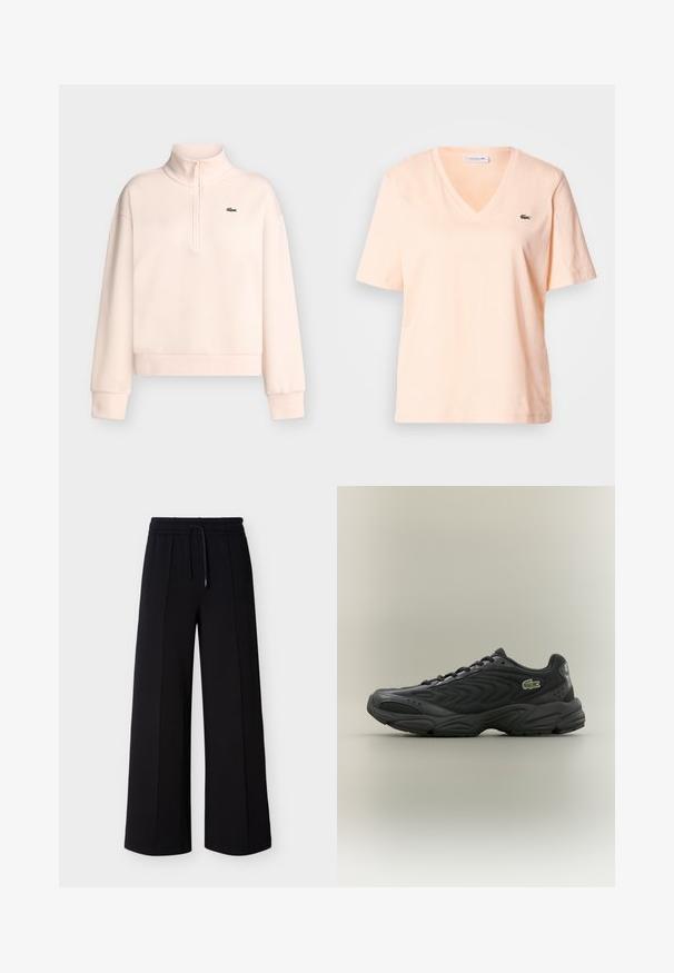 Lyserød langærmet sweatshirt med høj krave og lynlås samt et lille grønt krokodillelogo på venstre bryst.; Lyse ferskenfarvet v-hals t-shirt i bomuld med korte ærmer, med en lille grøn Lacoste-logo på venstre brystområde.; Sorte bukser med brede ben lavet af blødt stof, med elastisk talje med snøre og sidesømme for en afslappet pasform.; Sort træningssko med en struktureret overdel, bølget design og polstret krave. Har en gummisål og et lille grønt logo på siden.