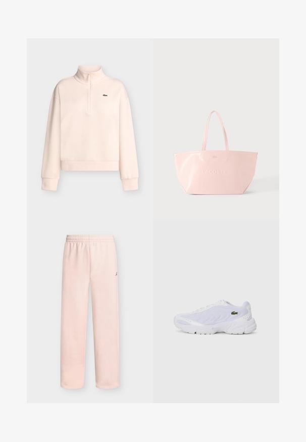 Lichtroze sweatshirt met lange mouwen, een hoge kraag met ritssluiting en een klein groen krokodillenlogo op de linkerborst.; Lichtroze sweatpants met rechte pijpen, elastische tailleband en klein zwart geborduurd detail op de rechterheup.; Witte sportschoenen met bovenwerk van mesh, textuurdesign en gevoerd kraagje. Beschikt over een groen logo aan de zijkant en een gevoerde zool voor comfort.; Roze Lacoste shopper met twee handvatten en een reliëflogo op een glad oppervlak, weergegeven tegen een lichtgrijze achtergrond.