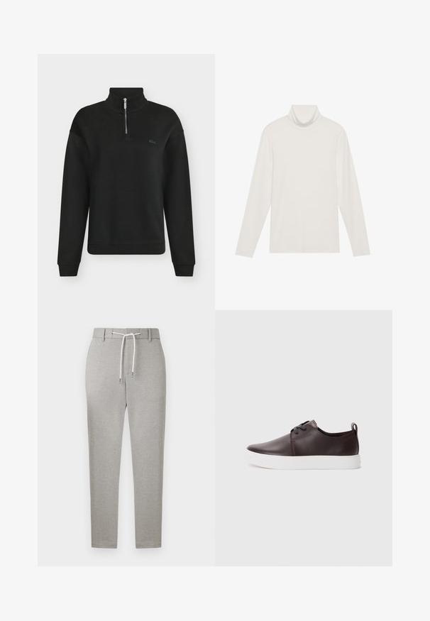 Sort langærmet pullover med kvart lynlås og høj krave samt lille broderet logo på venstre bryst.; Langærmet turtleneck top i hvid. Blødt, strækbart stof med en tætsiddende silhuet. Har en høj krave og minimal sømdetaljering.; Lysegrå slim-fit bukser med bæltestropper og en hvid snor til at binde i taljen, vist på en ensfarvet baggrund.; Brune lædersneakers med en glat overflade, hvid gummisål, rund tæer og snøredesign. Indeholder en løkke i hælen.
