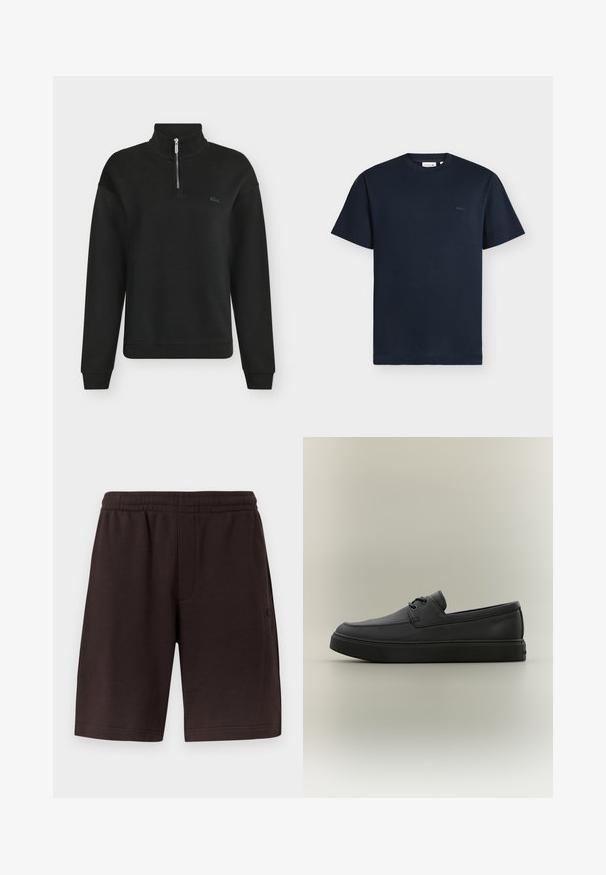 Pull noir à manches longues avec col montant zippé au quart et petit logo brodé sur la poitrine gauche.; T-shirt bleu marine à manches courtes avec col rond et petit logo assorti sur la poitrine gauche sur un fond gris clair uni.; Shorts en coton brun foncé avec une ceinture élastique et des poches latérales. Le design présente une texture simple et lisse, sans motifs.; Mocassin décontracté en cuir noir avec des détails de laçage et une semelle en caoutchouc épaisse, présenté de profil sur un fond neutre.