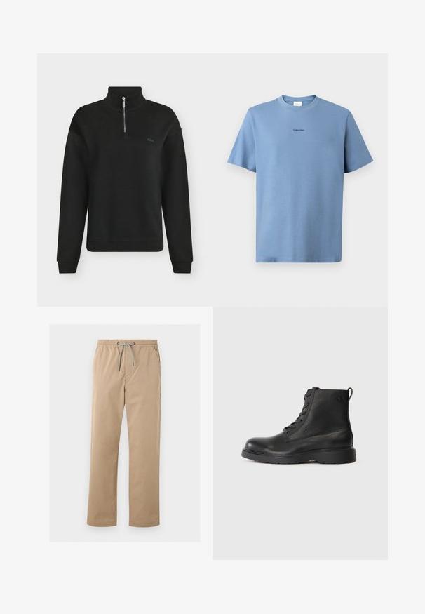 Sort langærmet pullover med kvart lynlås og høj krave samt lille broderet logo på venstre bryst.; Lyseblå bomulds T-shirt med korte ærmer, rund halsudskæring og subtil "Calvin Klein" logo i sort på brystet. Glat tekstur.; Herre beige afslappede bukser med elastisk linning og gråt snoretræk, lige ben, for- og sidelommer.; Sort ankelstøvle lavet af struktureret læder med rund tå, snørelukning og en robust sort gummisål. Har en løkke ved hælen.