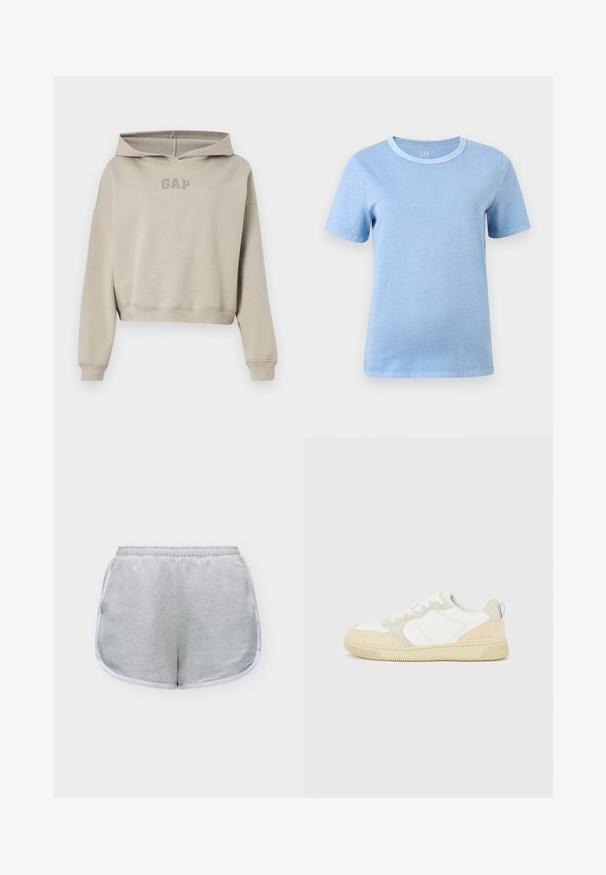 Sweat à capuche court beige à manches longues avec un logo "GAP" à l'avant, présenté sur un fond blanc.; T-shirt bleu clair à manches courtes et col rond, avec un col bleu légèrement plus foncé, présenté sur un fond blanc uni.; Short de sport gris clair avec bordure blanche et taille élastique, posé à plat sur un fond blanc.; Baskets blanches et beiges avec dessus en suède et textile, présentant des coutures contrastées, une semelle en caoutchouc et un accent bleu clair sur le talon.
