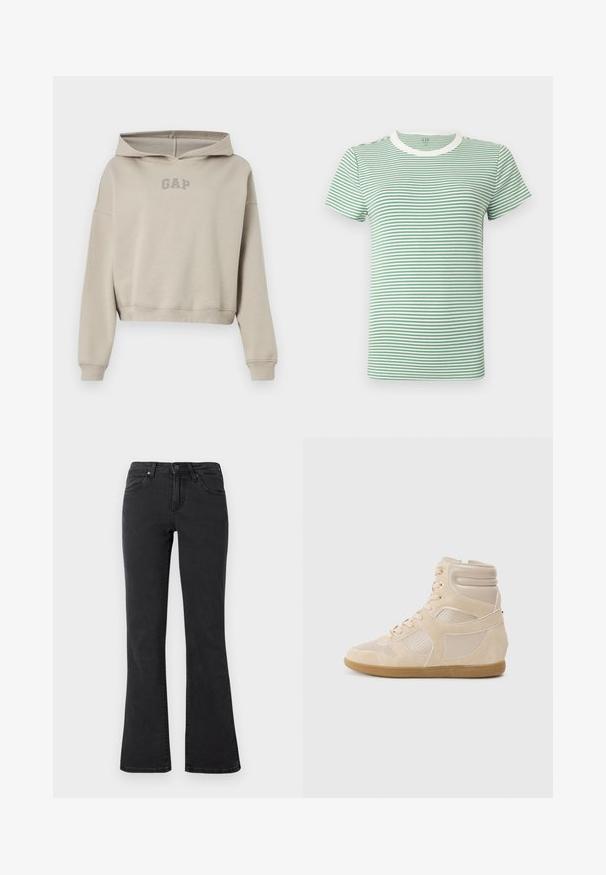 Beige kort hættetrøje med lange ærmer og et frontlogo med teksten "GAP", vist på en hvid baggrund.; T-shirt med korte ærmer og rund hals, med tynde horisontale grønne og hvide striber samt en hvid krave.; Sorte højtaljede denimjeans med udvidede ben, knaplukning foran og fem-lomme-design på en ensfarvet baggrund.; Beige høj-top sneakers lavet af glat læder og ruskindsmaterialer. Perforerede paneler, tonede stikninger og en gummisål.