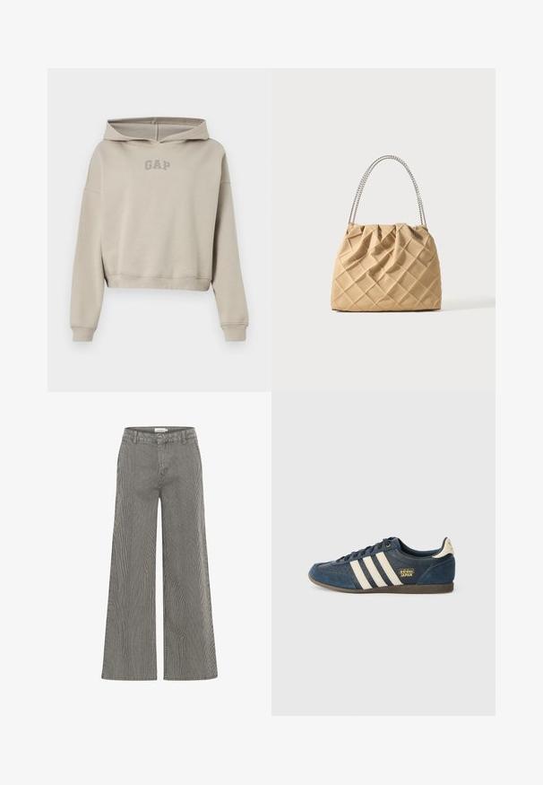 Beige kort hættetrøje med lange ærmer og et frontlogo med teksten "GAP", vist på en hvid baggrund.; Sort-hvide stribede vide bukser med høj talje, der har bæltestropper og en glat overflade. Velegnet til både afslappet og formelt brug.; Marineblå ruskindsneaker med cremefarvede striber, tekstureret tåområde, gyldent "adidas JAPAN" logo og en brun gummisål. Klassisk low-top design.; Beige quiltet håndtaske med bløde folder og en sølvkæde som skulderrem på hvid baggrund.
