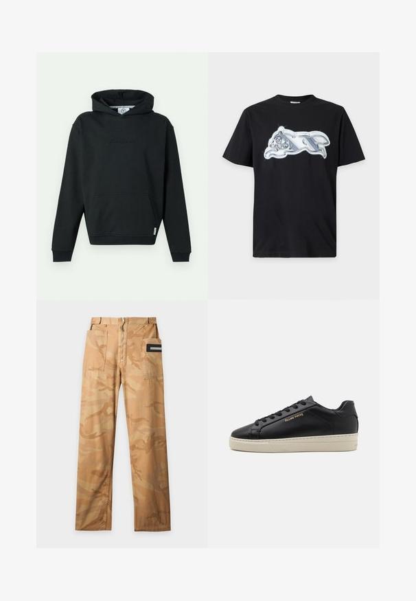 Sweat à capuche noir avec poche kangourou à l'avant et logo subtil brodé "Carlo Colucci" centré sur la poitrine.; T-shirt noir à manches courtes avec un graphisme métallique argenté brillant représentant un animal courant sur la poitrine.; Pantalon cargo camouflage beige et sable avec deux grandes poches avant et une fermeture éclair à l'avant sur un fond uni.; Sneaker en cuir noir avec une finition lisse, semelle crème contrastante, bout arrondi, logo doré sur le côté et six œillets pour les lacets.