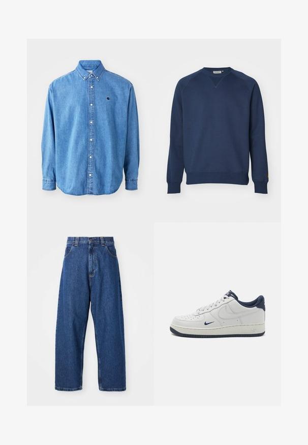 Sweat à capuche bleu marine en coton, avec un col ras du cou, des manches raglan et des poignets et ourlet côtelés. Design minimaliste sans motifs visibles.; Chemise en denim, couleur bleu clair, avec un col pointu, des manches longues et un petit logo sur la poitrine. Comprend des boutons blancs et des coutures brodées.; Jean large en denim bleu foncé. Présente une taille haute, des passants de ceinture et un design classique à cinq poches. Ourlet piqué avec une finition soignée.; Baskets Nike Air Force 1 en cuir blanc avec des accents bleu marine, bout perforé, lacets plats et semelle en caoutchouc texturée.