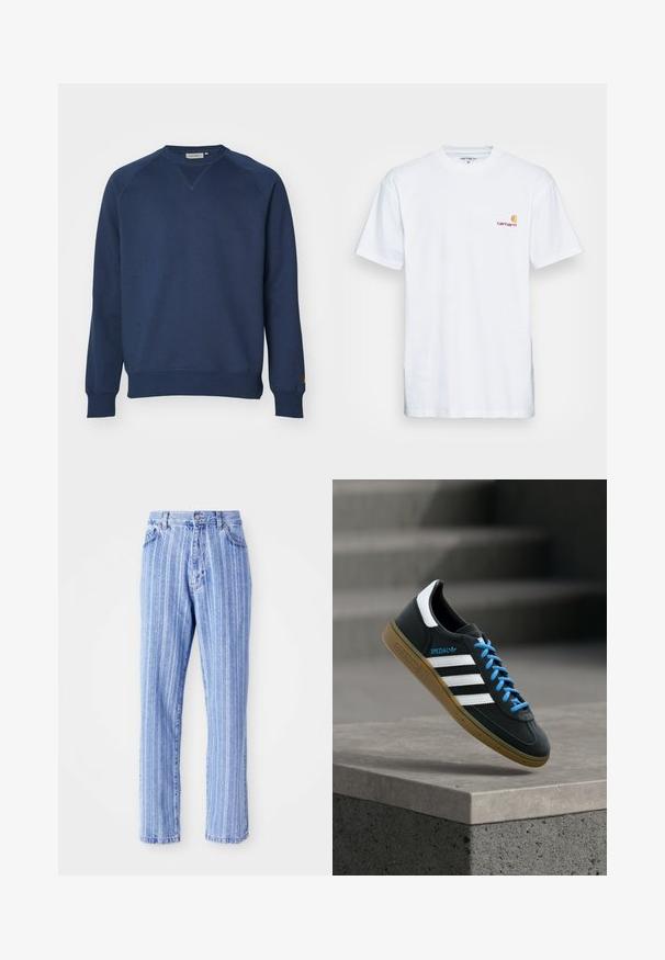 Marineblå sweatshirt lavet af bomuld, med rund halsudskæring, raglanærmer og ribbede manchetter og kant. Minimalistisk design uden synlige mønstre.; Hvid bomulds t-shirt med korte ærmer. Designet med et lille orange og maroon logo på venstre bryst. Har en klassisk rund hals.; Lysblå denimjeans med lodrette hvide striber, lige pasform, femlomme-stil og knaplukning i taljen.; Sort Adidas sneaker med hvide striber, blå snørebånd og gummisål, der svæver over gråt betontrin i blødt lys.