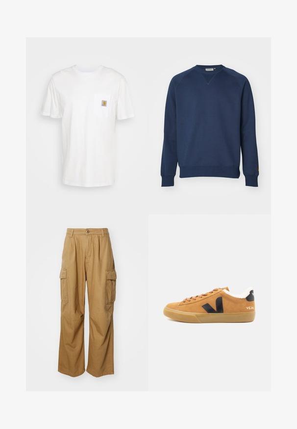 Marineblaue Sweatshirt aus Baumwolle, mit Rundhalsausschnitt, Raglanärmeln und gerippten Bündchen und Saum. Minimalistisches Design ohne sichtbare Muster.; Weißes Baumwoll-T-Shirt mit kurzen Ärmeln, einer Brusttasche und einem kleinen quadratischen Logopatch in Orange und Weiß auf der Tasche.; Beige Cargo-Hosen mit geradem Beinschnitt, ausgestattet mit zwei Seitentaschen und einem Knopfverschluss. Hergestellt aus einem weichen, strapazierfähigen Stoff.; Hellbeige Wildledersneaker mit schwarzem V-Logo, strukturierten Schnürsenkeln und weißem Sherpa-Futter. Gummisohle und minimalistisches Design.