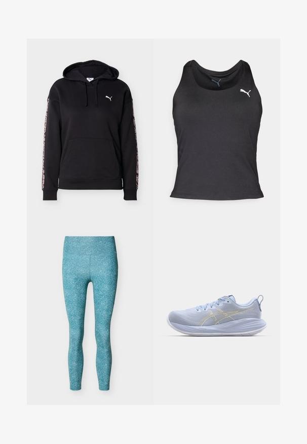 Schwarzer Hoodie mit Fronttasche, Kordelzug, weißem Puma-Logo auf der Brust und pinken Leopardenmuster-Streifen an jedem Ärmel.; Schwarzes sportliches Tanktop, ärmelloses Design, glattes Material, runder Halsausschnitt, mit kleinem weißen Puma-Logo auf der linken Brustseite.; Hoch taillierte Türkisleggings mit einem dezenten gesprenkelten Muster, flach auf einem weißen Hintergrund präsentiert.; Helleblaue Sportchuhe mit einem strukturierten Obermaterial, weißer Sohle und goldenen Akzentstreifen. Zu den Merkmalen gehören Schnürsenkel und eine Zuglasche an der Rückseite.