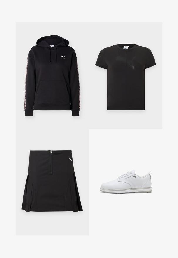 Schwarzer Hoodie mit Fronttasche, Kordelzug, weißem Puma-Logo auf der Brust und pinken Leopardenmuster-Streifen an jedem Ärmel.; Schwarzes, kurzärmeliges Sportshirt mit kleinem Frontreißverschluss und dezentem, strukturiertem Puma-Logo auf der Brust.; Schwarzer Sportrock mit einem Reißverschluss vorne und seitlichen Falten, versehen mit einem weißen Puma-Logo auf der oberen rechten Seite.; Weiße Sportschuhe mit glattem Obermaterial aus synthetischem Leder, strukturierten Akzenten, gepolsterter Knöchelstütze und gummierter Sohle mit guter Traktion. Silberne Logodetails.