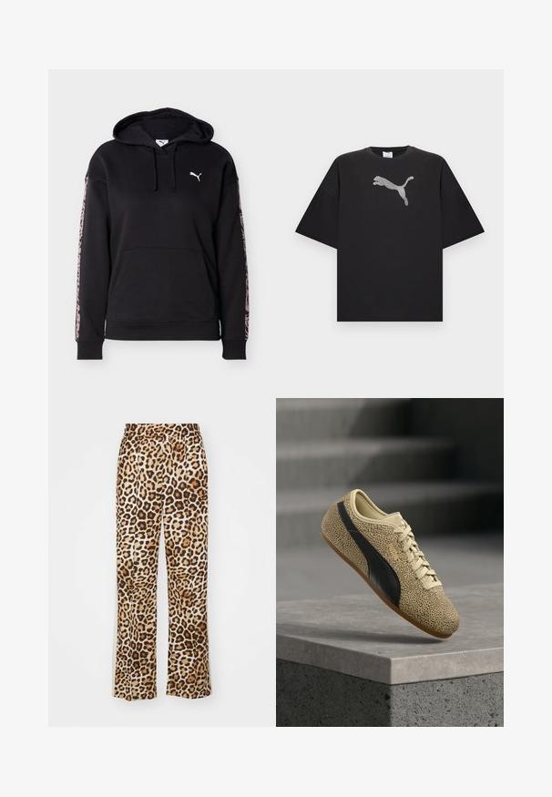Must kapuutsiga dressipluus esitasku, nöörid, valge Puma logo rinnal ja roosad leopardimustriga triibud mõlemal varrukal.; Must must suurendatud T-särk lühikeste varrukatega, mille keskel esiküljel on suur valge Puma logo.; Leopardimustrilised püksid, mis on valmistatud pehmest kangast, lõdva lõikega, laia jala põlvega ning beežide ja pruuni tooni elastse vöökoha äärtega.; Tannitoon tossud musta triibu ja väikeste mustade täppidega, beežid paelad ning kummist tald, õhus hõljumas halli betoonserva kohal.