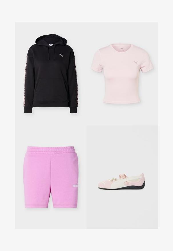 Zwarte hoodie met voorzak, trekkoorden, wit Puma-logo op de borst en roze luipaardprintstrepen langs elke mouw.; Lichtroze cropped t-shirt met korte mouwen, ronde hals en klein Puma-logo op de linkerbuste.; Lichtpaarse Puma short met elastische tailleband en wit Puma-logo op het onderste deel van het rechterbeen, afgebeeld tegen een effen achtergrond.; Roze suede instapper met witte accenten, rubberen zool en elastische bandjes. Kenmerkt zich door een gestructureerd ontwerp en een klein logo aan de voorkant.