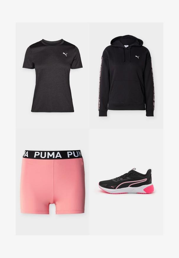 Sudadera con capucha negra con bolsillo frontal, cordones, logo blanco de Puma en el pecho y franjas de estampado de leopardo rosa a lo largo de cada manga.; Camiseta deportiva negra de manga corta, con escote redondo y un logo blanco en el pecho. Textura suave y forma ajustada.; Pantalones cortos deportivos rosa con una cintura elástica negra que presenta el texto blanco "PUMA", exhibidos sobre un fondo liso y claro.; Zapatillas deportivas negras con parte superior de malla, acentos rosas, media suela blanca y un logo distintivo. Presenta un diseño ligero y suela texturizada.