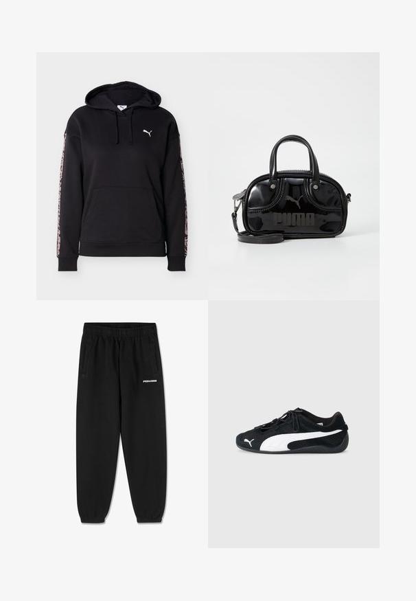 Sort hættetrøje med frontlomme, snore, hvid Puma-logo på brystet og pink leopardstriber ned ad hver ærme.; Sorte sweatpants lavet af blødt stof, med snoretræk i taljen, tætsiddende ben og sidelommer. "PEGADOR" logo i hvid på fronten.; Sorte atletiske sko i mesh og læder, med et hvidt Puma-logo, elastiske snørebånd og en struktureret gummisål.; Sort lakeret håndtaske med dobbelte top-håndtag, aftagelig skulderrem, rund form og et fremtrædende præget "PUMA"-logo.