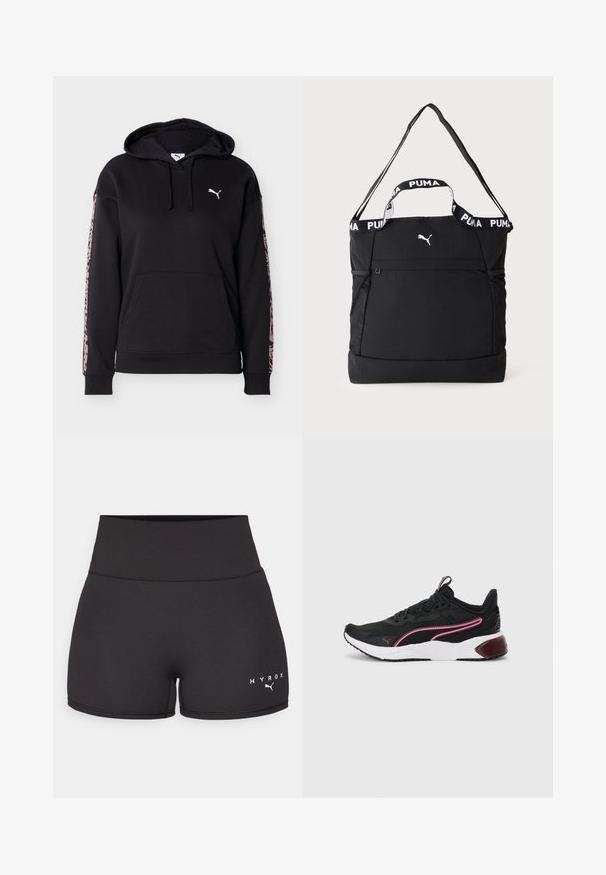 Schwarzer Hoodie mit Fronttasche, Kordelzug, weißem Puma-Logo auf der Brust und pinken Leopardenmuster-Streifen an jedem Ärmel.; Schwarze Sportshorts aus dehnbarem Material. Hohe Taille mit weißem "HYROX"-Text und Logo auf der linken unteren Seite. Glatte Textur.; Schwarze Sportsneaker mit einem Mesh-Obermaterial, pinken Akzenten, weißer Zwischensohle und Gummisohle. Verfügt über ein sicheres Schnürdesign und einen gepolsterten Kragen.; Schwarze Puma Tote Bag mit zwei Griffen, einem verstellbaren Schultergurt, Netzseitentaschen und kleinem weißem Puma-Logo vorne.