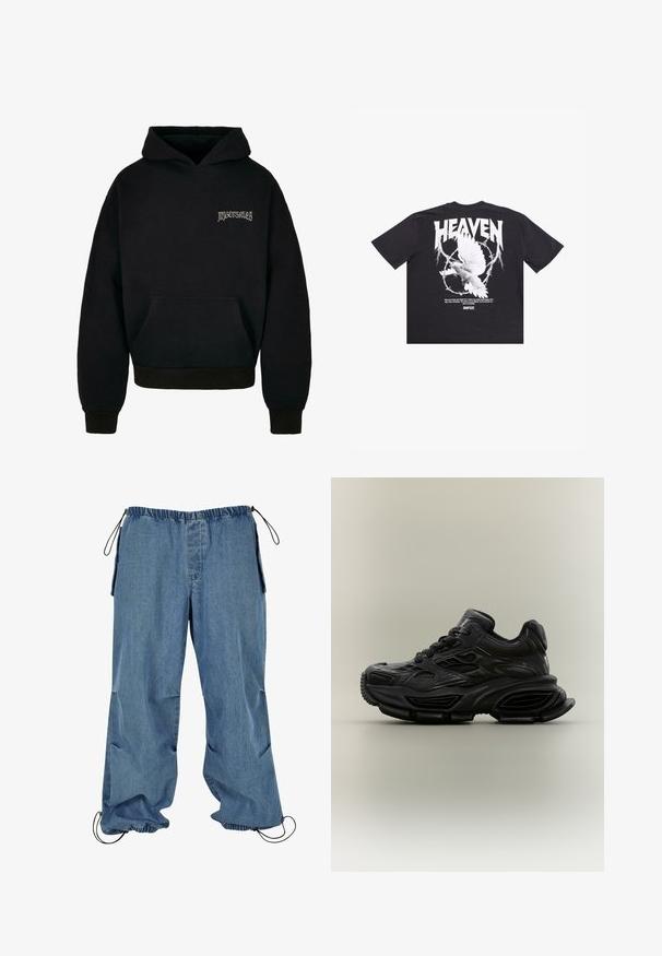 Sudadera negra de mezcla de algodón, con un bolsillo frontal, puños acanalados y un logotipo en gris claro en la parte izquierda del pecho.; Camiseta de algodón negra con un gráfico de una paloma blanca, texto "CIELO" y citas impresas en la parte trasera. Mangas cortas, corte relajado.; Pantalones de mezclilla azul claro con cintura elástica, puños con cordón y bolsillos laterales. La tela parece suave con una textura ligeramente descolorida.; Zapatilla deportiva negra y gruesa con diseño texturizado, suela gruesa y cierre de cordones mostrada sobre un fondo neutro y sencillo.