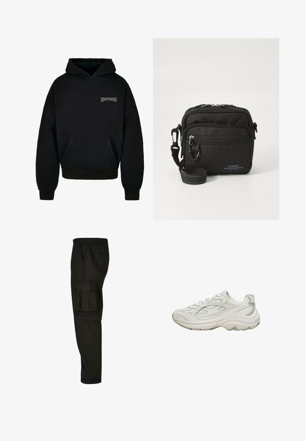 Sort hoodie lavet af en blanding af bomuld, med en lomme foran, ribbede manchetter og et logo i lys grå på venstre brystområde.; Sorte cargo bukser med afslappet pasform, elastisk talje, sidelommer og en stor cargo lomme på låret. Blødt, letvægtsstof.; Hvid sneaker med en tekstureret overdel og en chunky sål. Den har buede linjer, subtile grå accenter og en snørelukning.; Sort stof crossover tas med to lynlåslommer, justerbar rem og diskret logo detalje i blå på fronten.